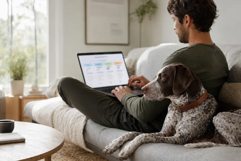 Ein Besitzer sitzt mit einem Laptop auf dem Sofa und hat einen Portugiesischen Pointer Hund neben sich, während er eine neutrale Versicherungsvergleichs-Oberfläche betrachtet.