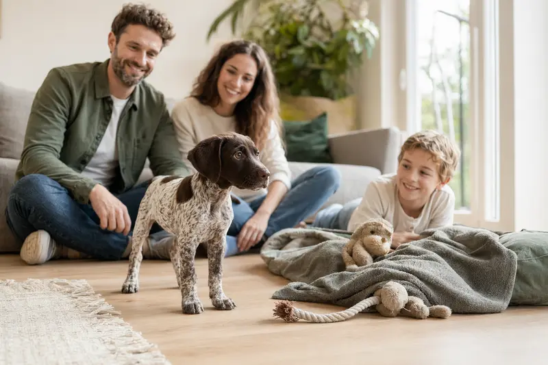 Ein junger Portugiesischer Pointer Welpe erkundet neugierig seine neue, freundliche Wohnung mit einer weichen Decke und Spielzeug.