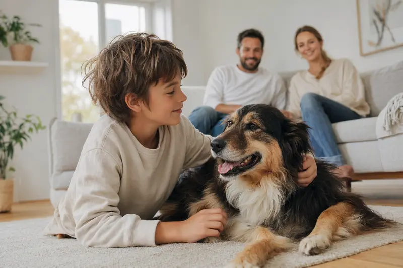 Ein Portugiesischer Schäferhund liegt entspannt neben einem Kind im Wohnzimmer, während die Eltern im Hintergrund für eine sichere Familienatmosphäre sorgen.
