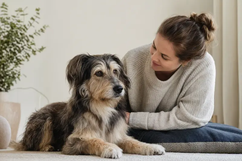 Portugiesischer Schäferhund steht aufmerksam vor hellem Hintergrund in natürlicher Haltung als realistisches Hundeporträt.