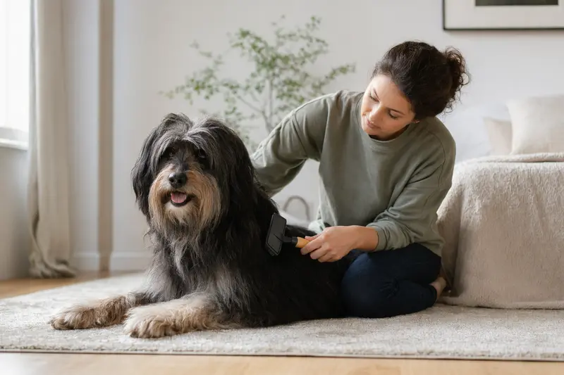 Ein Portugiesischer Schäferhund wird in einer hellen Wohnung liebevoll gebürstet und gepflegt.
