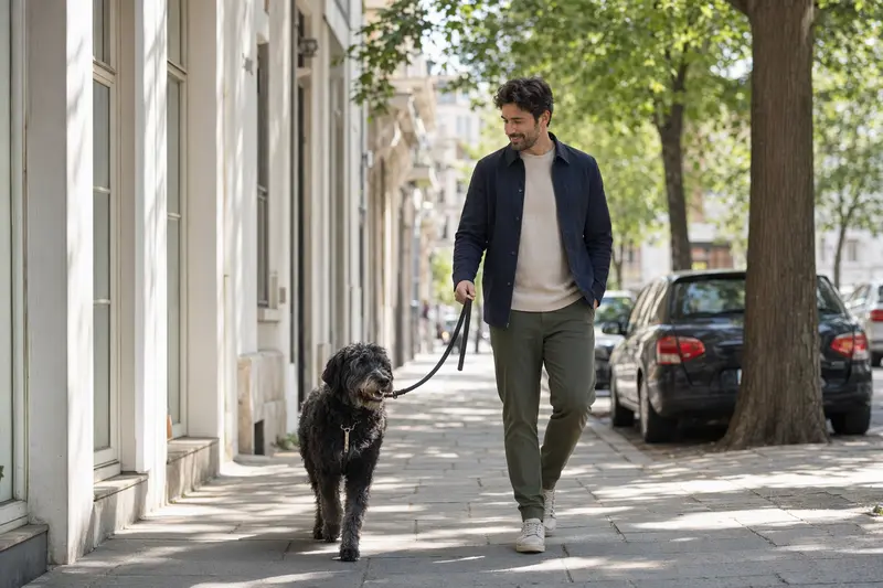 Ein Portugiesischer Schäferhund läuft an der Leine mit seinem Besitzer durch eine helle moderne Stadtstraße.