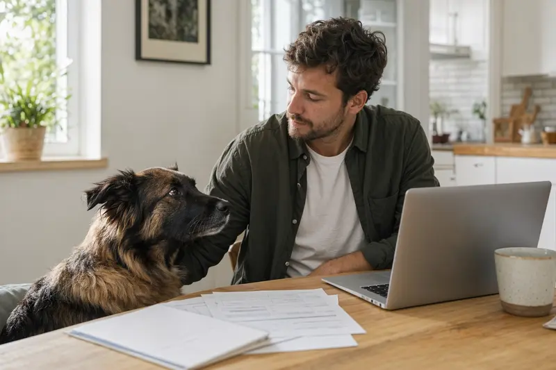 Portugiesischer Schäferhund sitzt ruhig neben seinem Besitzer am Küchentisch mit Versicherungsunterlagen und Laptop in einer hellen Wohnung.