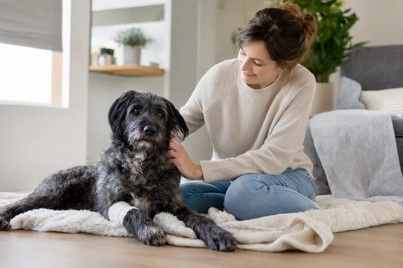 Portugiesischer Schäferhund mit leicht verbundenem Verband an der Pfote liegt ruhig auf einer Decke neben seinem erleichterten Besitzer.