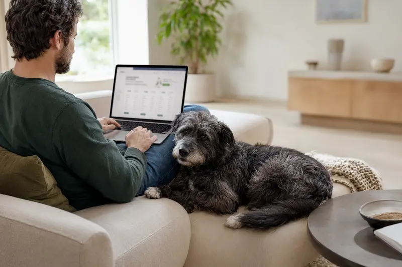 Ein Hundebesitzer arbeitet am Laptop auf dem Sofa, während ein Portugiesischer Schäferhund neben ihm liegt und eine Versicherungsvergleichsseite im Hintergrund zu sehen ist.