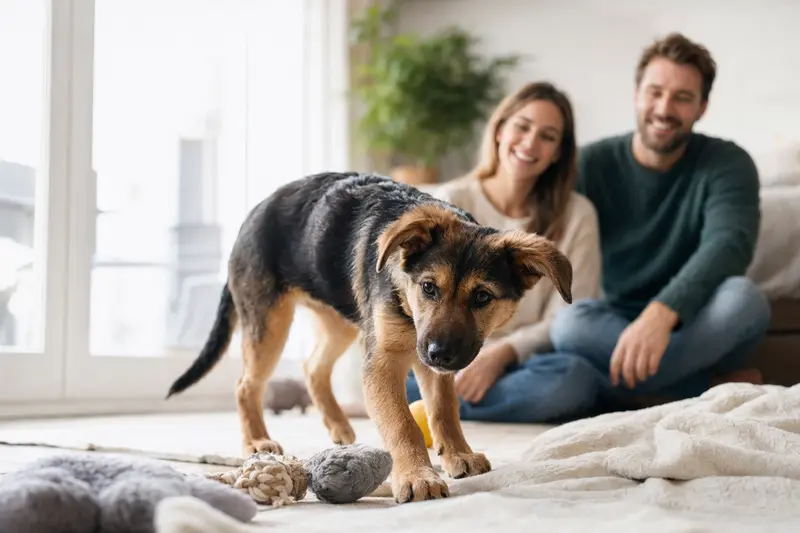 Ein neugieriger Portugiesischer Schäferhund Welpe erkundet sein neues Zuhause mit weicher Decke und Spielzeug im Hintergrund.