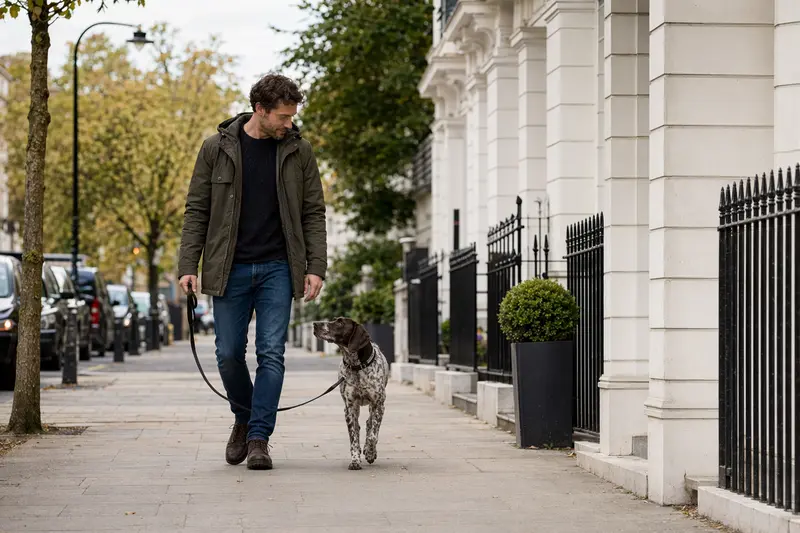 Ein Portugiesischer Vorstehhund läuft an der Leine mit seinem Besitzer durch eine helle, moderne Stadtstraße.