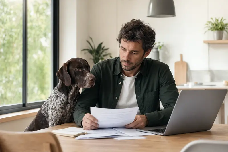 Ein Portugiesischer Vorstehhund sitzt ruhig neben seinem Besitzer am Küchentisch mit Versicherungsunterlagen und einem Laptop zur Hundekrankenversicherung.