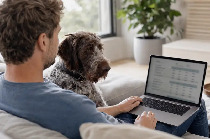 Ein Hundebesitzer sitzt mit Laptop auf dem Sofa, während ein Portugiesischer Vorstehhund neben ihm liegt und eine Versicherungsvergleichs-Oberfläche auf dem Bildschirm angezeigt wird.