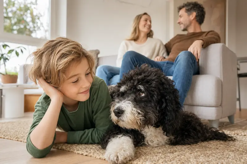 Ein Portugiesischer Wasserhund liegt entspannt neben einem Kind im hellen Wohnzimmer, während die Eltern im Hintergrund eine vertrauensvolle Familienatmosphäre schaffen.