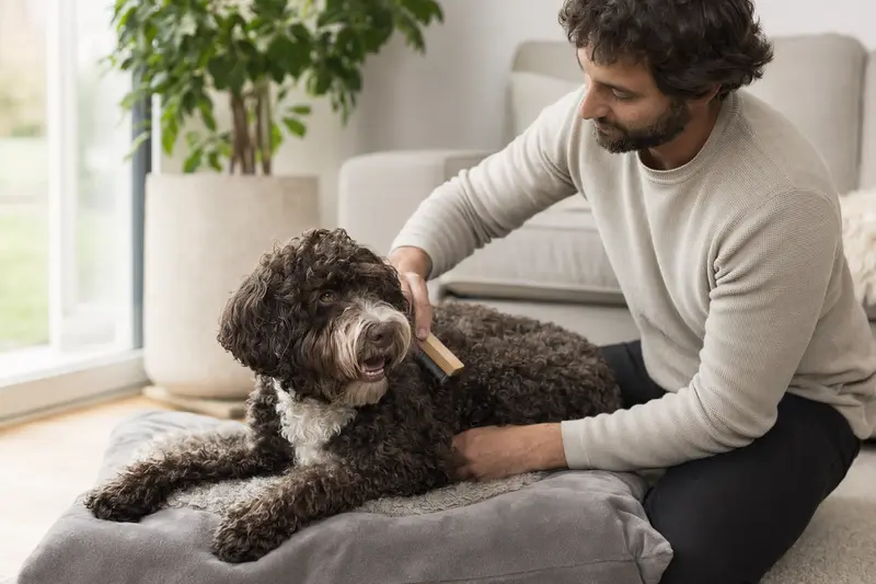 Ein Portugiesischer Wasserhund wird in einer hellen Wohnung liebevoll gebürstet, während sein Besitzer die Fellpflege ruhig und aufmerksam übernimmt.