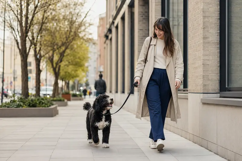 Ein Portugiesischer Wasserhund läuft an der Leine mit seinem Besitzer durch eine freundliche moderne Stadtstraße.