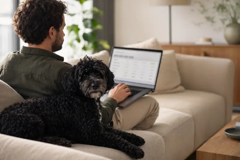 Ein Hundebesitzer arbeitet am Laptop auf dem Sofa, neben ihm sitzt ein Portugiesischer Wasserhund und zeigt ein vertrauensvolles Zuhause.