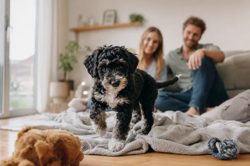 Ein neugieriger Portugiesischer Wasserhund Welpe erkundet sein neues Zuhause mit einer weichen Decke und Spielzeug, während seine liebevolle Familie im Hintergrund beobachtet.