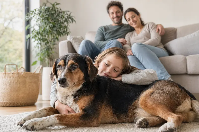 Ein Posavatz-Bracke Hund liegt entspannt neben einem Kind im hellen Wohnzimmer, während die Eltern im Hintergrund für eine sichere Familienatmosphäre sorgen.