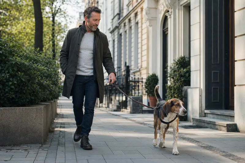 Posavatz-Bracke Hund läuft an der Leine mit seinem Besitzer durch eine moderne Stadtstraße in entspannter Alltagssituation.