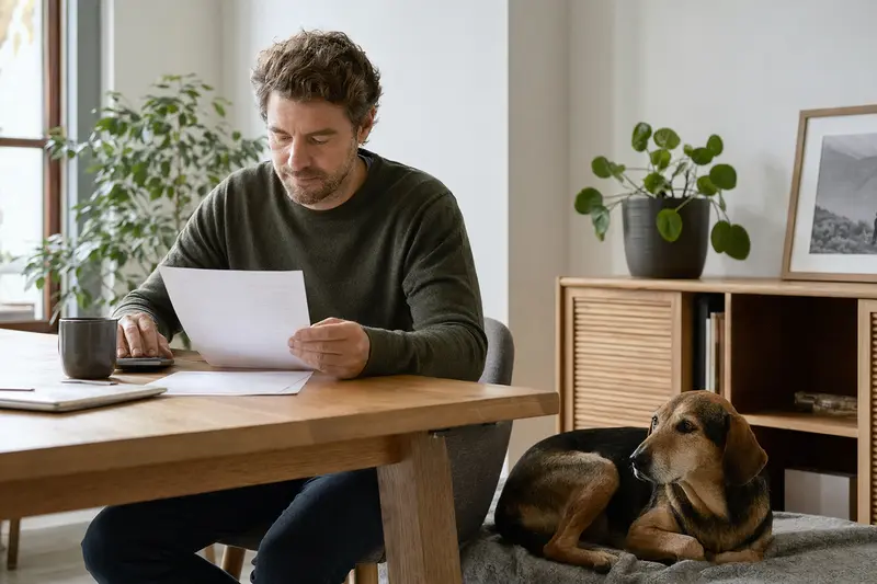 Besitzer sitzt mit Tierarztrechnung am Tisch, während ein entspannter Posavatz-Bracke-Hund auf einer Decke liegt – ein realistisches Bild zum Thema Hundekrankenversicherung.