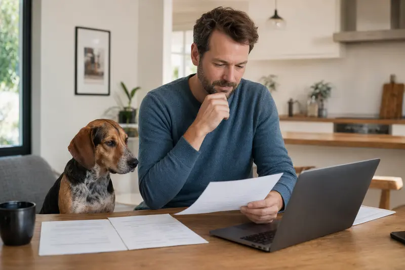 Ein Posavatz-Bracke Hund sitzt ruhig neben seinem Besitzer am Küchentisch, während Versicherungsunterlagen und ein Laptop mit neutraler Vergleichsseite auf dem Tisch liegen.