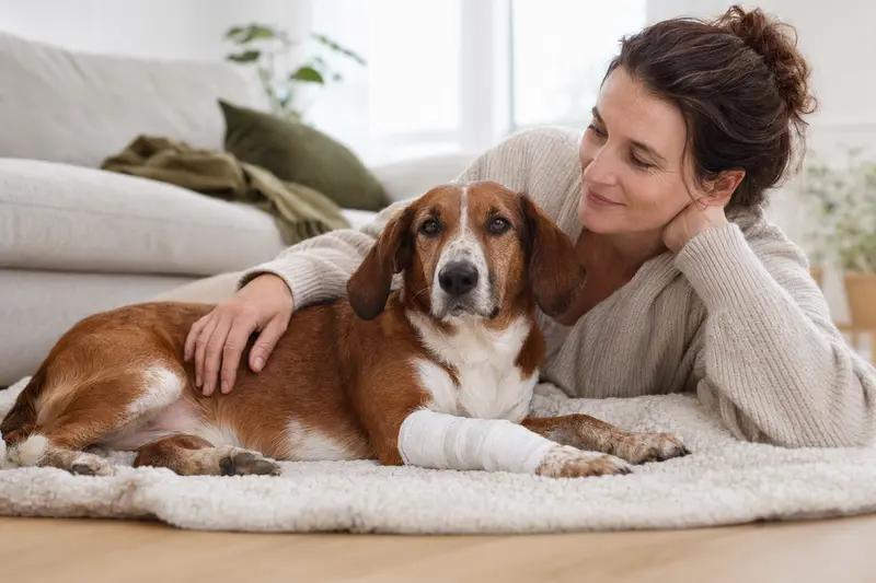 Ein Posavatz-Bracke Hund mit leichtem Verband an der Pfote liegt ruhig auf einer Decke, während sein erleichterter Besitzer neben ihm sitzt.