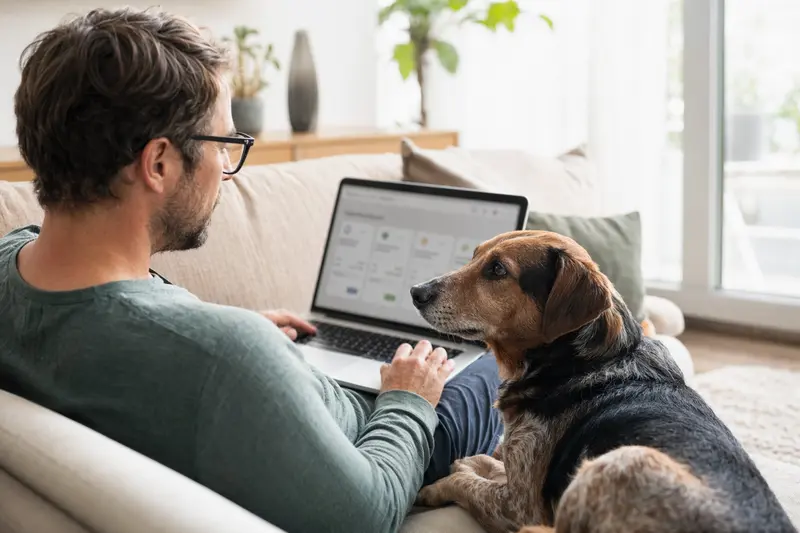 Ein Hundebesitzer arbeitet am Laptop auf dem Sofa, während sein Bracke-Hund entspannt daneben liegt.