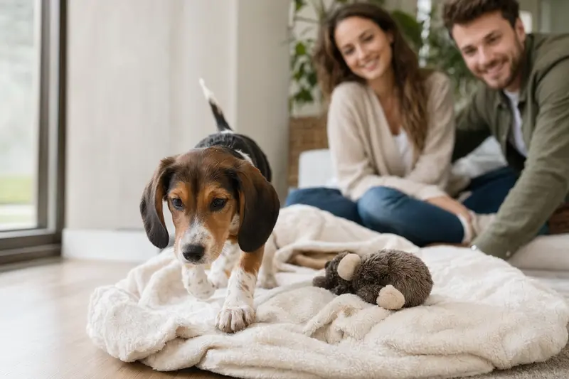 Ein neugieriger Posavatz-Bracke Welpe entdeckt sein neues Zuhause mit einer weichen Decke und Spielzeug, während die liebevolle Familie im Hintergrund zuschaut.