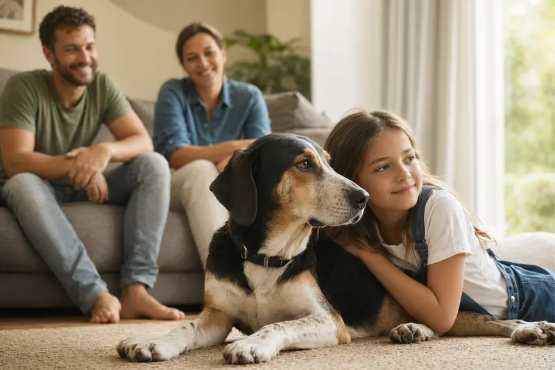 Ein freundlicher Posavatz Laufhund liegt entspannt neben einem Kind im Wohnzimmer, während die Eltern im Hintergrund eine warme Familienatmosphäre schaffen.