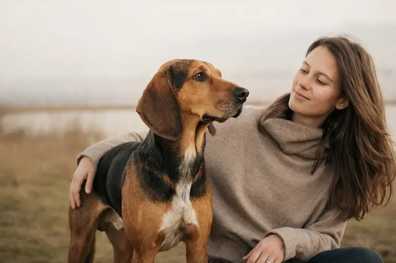 Posavatz Laufhund in natürlicher Haltung vor hellem Hintergrund als realistisches Tierportrait.