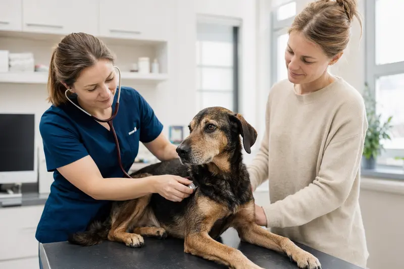 Ein Posavatz Laufhund wird in einer modernen Tierarztpraxis von einer freundlichen Tierärztin mit einem Stethoskop untersucht.