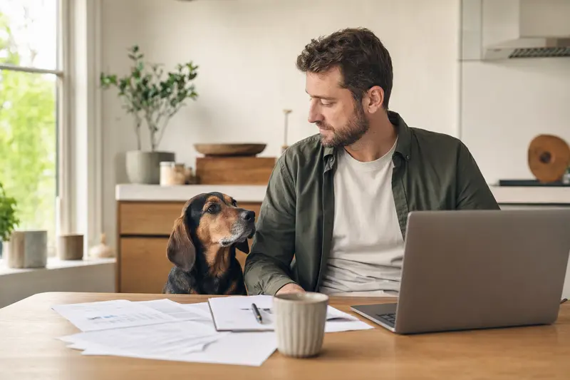 Ein Posavatz Laufhund sitzt ruhig neben seinem Besitzer am Küchentisch mit Versicherungsunterlagen und einem Laptop zu einer Tierkrankenversicherung.
