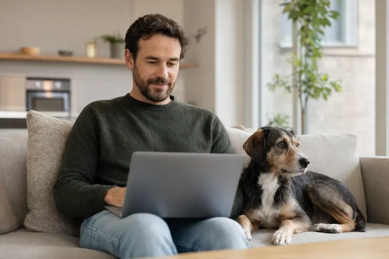 Ein Hundebesitzer arbeitet an einem Laptop auf dem Sofa, während ein Posavatz Laufhund neben ihm sitzt, was eine ruhige und vertrauensvolle Atmosphäre für die Auswahl einer Tierversicherung schafft.