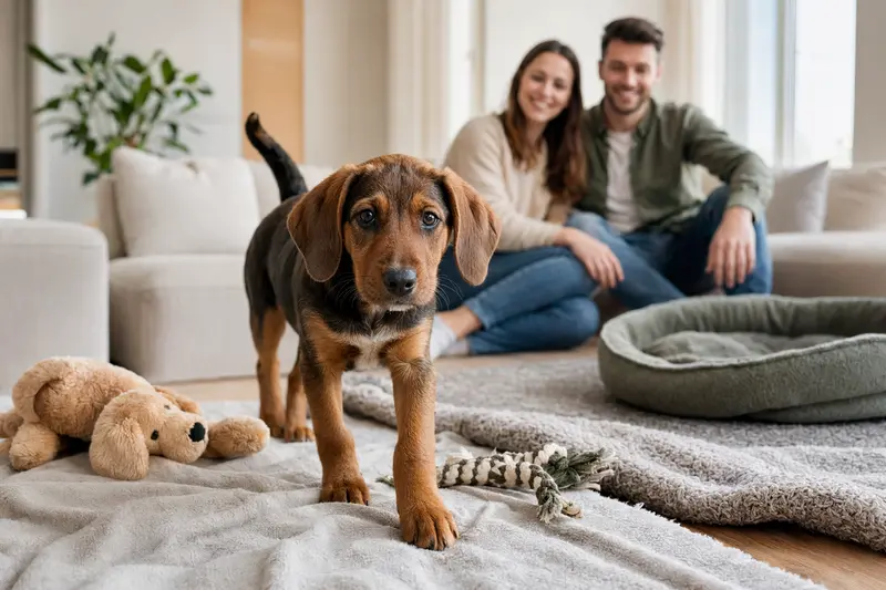 Ein junger Posavatz Laufhund Welpe erkundet neugierig sein neues Zuhause, umgeben von einer liebevollen Familie und weichen Spielzeugen.