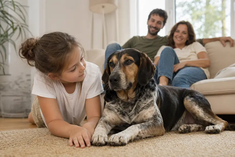 Ein freundlicher Posavski Gonic liegt entspannt neben einem Kind im Wohnzimmer, während die Eltern im Hintergrund stehen, was eine sichere Familienatmosphäre mit Hund zeigt.