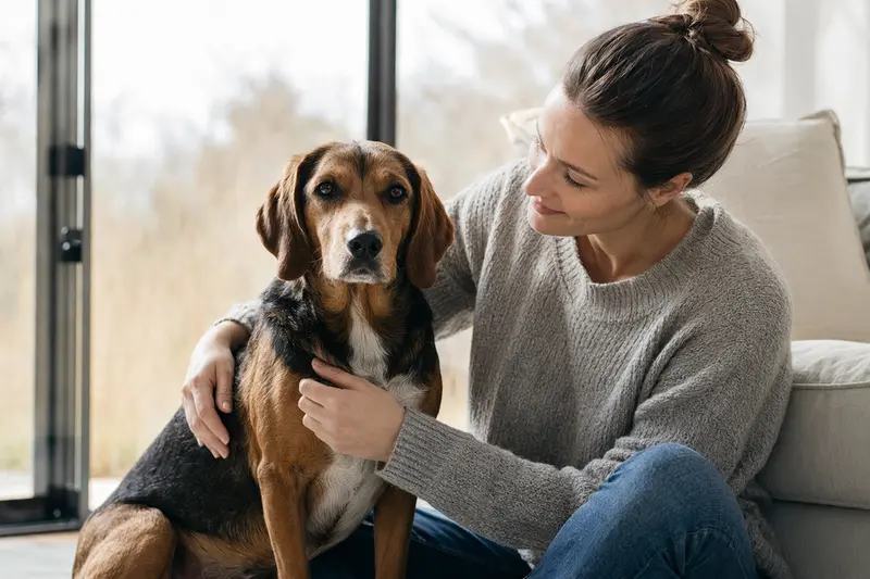 Posavski Gonic Hund in natürlicher Haltung vor hellem Hintergrund als professionelles Tierportrait.