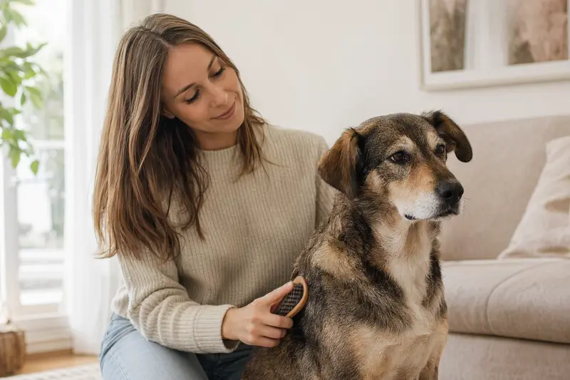 Ein Posavski Gonic Hund wird in einer hellen Wohnung sanft gebürstet, während sein Besitzer liebevoll die Fellpflege übernimmt.