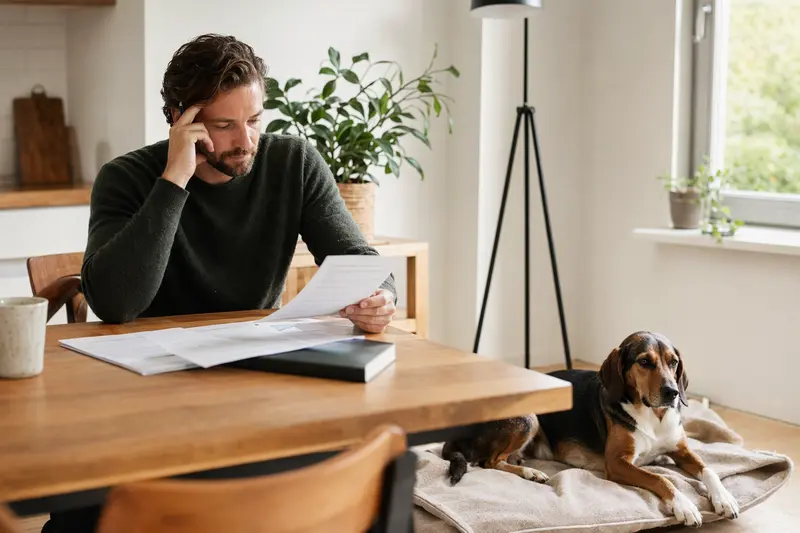 Ein Hundehalter sitzt mit einer Tierarztrechnung am Tisch, während ein entspannter Posavski Gonic auf einer Decke neben ihm liegt, passend zum Thema Hundekrankenversicherung.