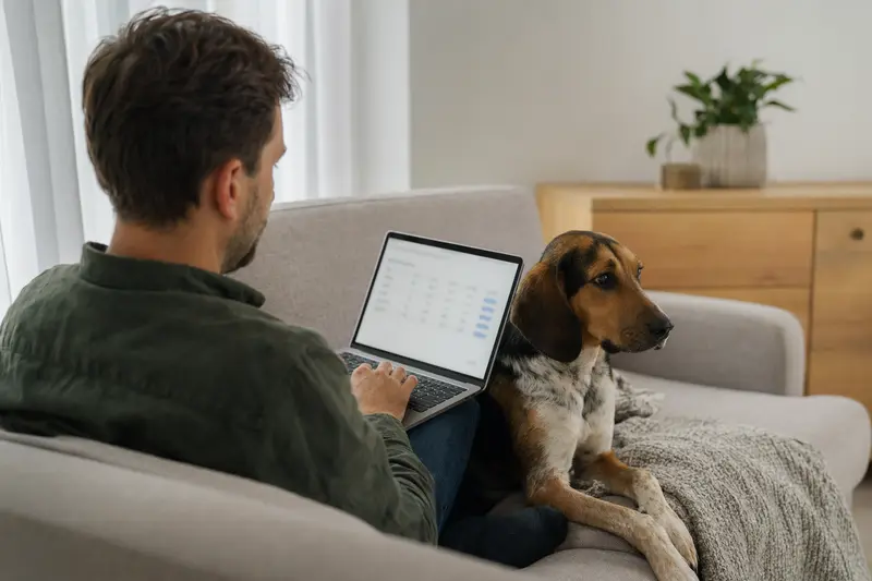 Ein Hundebesitzer arbeitet am Laptop auf dem Sofa, während ein Posavski Gonic neben ihm sitzt.