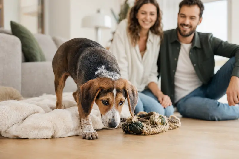 Ein neugieriger Posavski Gonic Welpe entdeckt seine neue Umgebung mit Spielzeug und einer liebevollen Familie im Hintergrund.