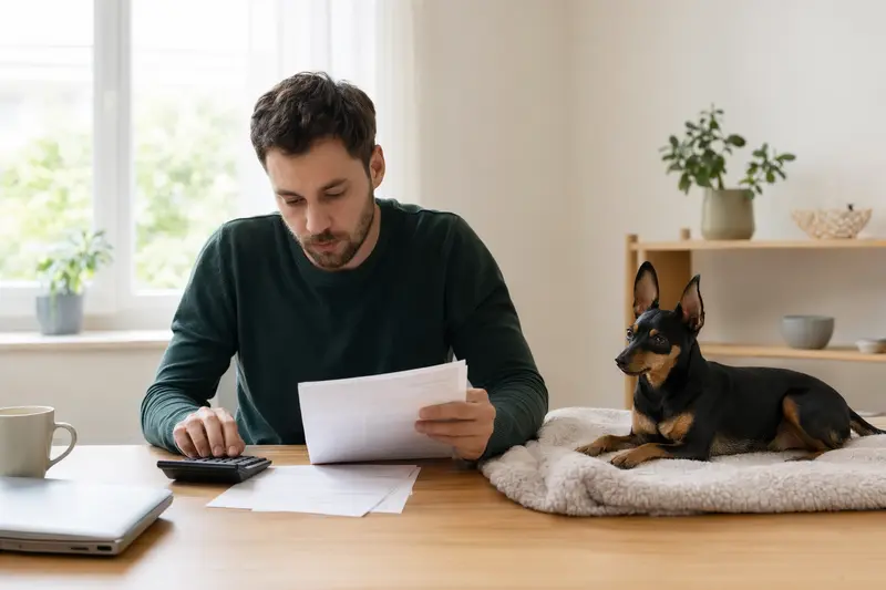 Ein Hundebesitzer sitzt mit einer Tierarztrechnung am Tisch, während ein entspannter Prager Rattler auf einer Decke daneben liegt und das Thema Hundekrankenversicherung ruhig unterstützt.