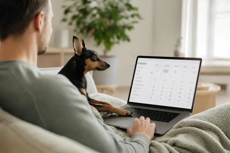 Ein Hundebesitzer auf dem Sofa mit Laptop, neben ihm ein Prager Rattler während er die Versicherungsmöglichkeiten vergleicht.