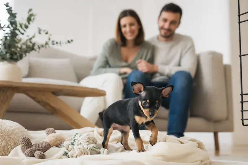 Ein neugieriger Prager Rattler Welpe entdeckt sein neues Zuhause mit einer liebevollen Familie im Hintergrund.