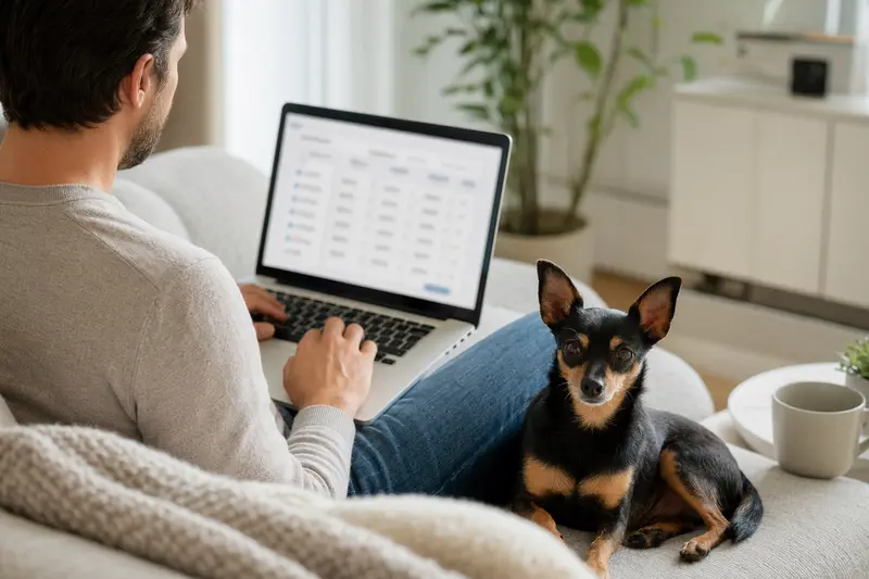 Ein Hundebesitzer arbeitet entspannt mit seinem Laptop auf dem Sofa, neben ihm sitzt ein Prazsky Krysarik.