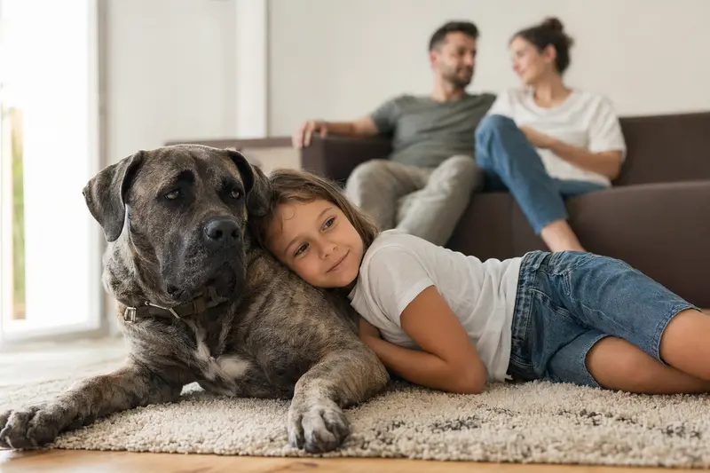 Ein entspannter Presa Canario Hund liegt neben einem Kind im Wohnzimmer, während die Eltern im Hintergrund für eine warme Familienatmosphäre sorgen.