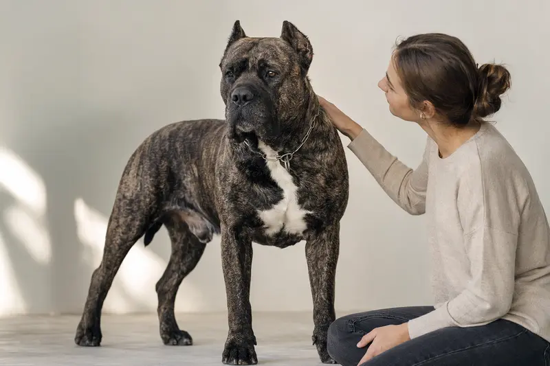 Presa Canario Hund in aufmerksamer Haltung vor hellem Hintergrund, als hochwertiges Tierportrait für einen Ratgeber zur Hundeversicherung.