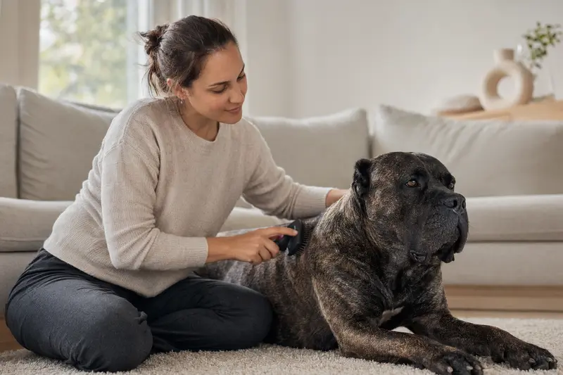 Ein Presa Canario wird in einer hellen Wohnung sanft gebürstet, während der Besitzer liebevoll die Fellpflege übernimmt.