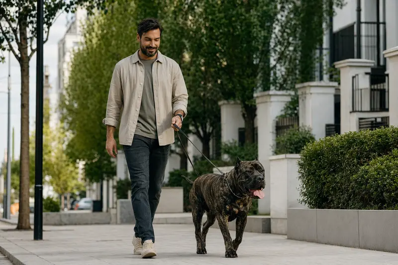 Ein Presa Canario läuft an der Leine neben seinem Besitzer durch eine freundliche moderne Stadtstraße.