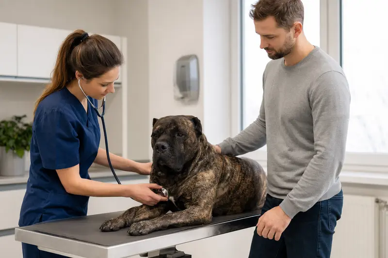 Ein Presa Canario wird von einer Tierärztin auf einem Untersuchungstisch in einer modernen Praxis untersucht.