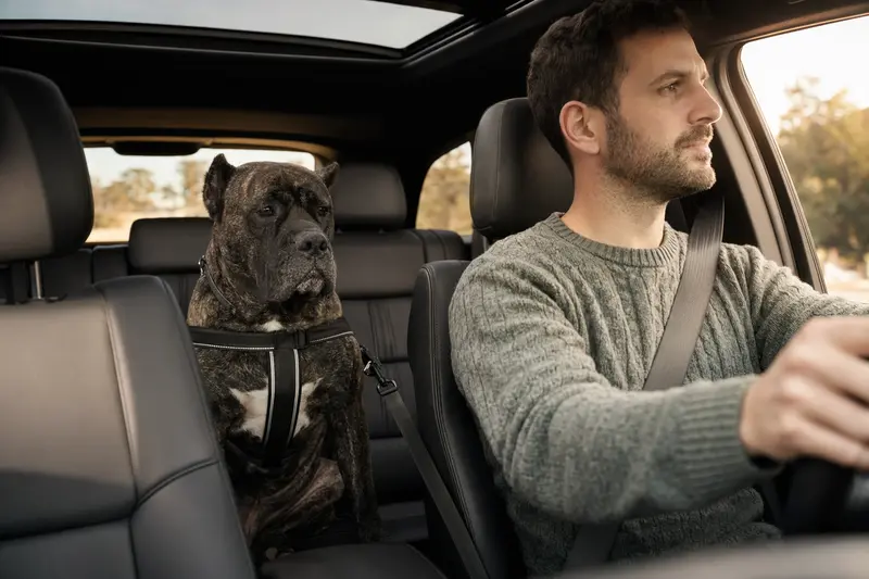 Ein Presa Canario Hund auf der Rückbank eines Autos, sicher angeschnallt und zufrieden im Sonnenlicht.