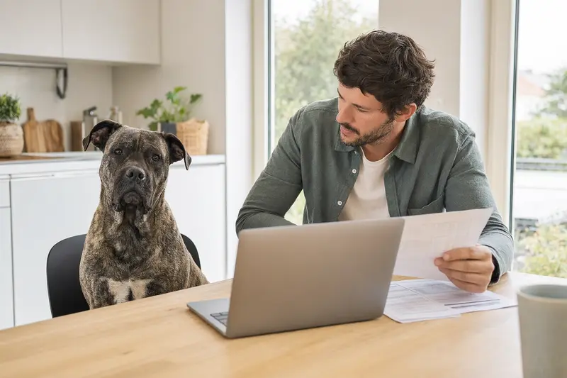 Ein Presa Canario Hund sitzt entspannt neben seinem Besitzer am Küchentisch, auf dem Versicherungsunterlagen und ein Laptop liegen.