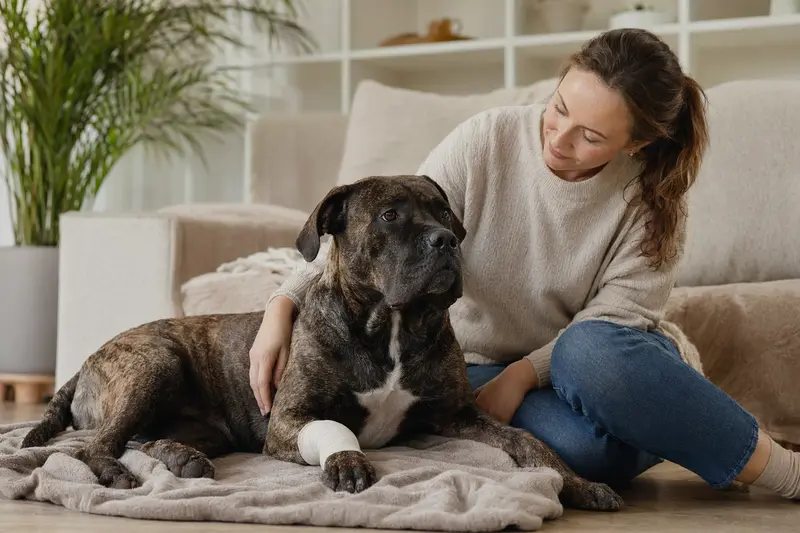 Ein Presa Canario mit leichtem Verband an der Pfote liegt entspannt neben seinem erleichterten Besitzer in einer hellen Wohnung.