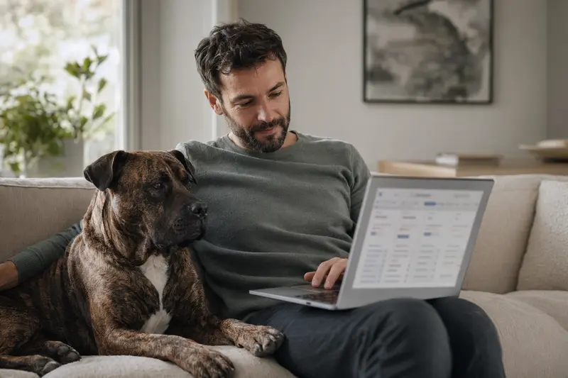 Ein Hundebesitzer sitzt mit einem Laptop auf dem Sofa, während ein Presa Canario neben ihm sitzt und die Versicherungsvergleichsseite betrachtet.